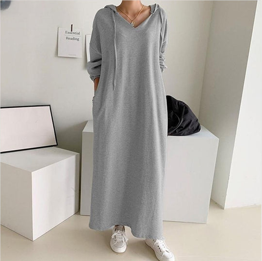 Damen nan lässiges Kapuzen-Maxikleid mit V-Ausschnitt, langen Ärmeln, lockerem geradem Schnitt und elastischen Bündchen EB