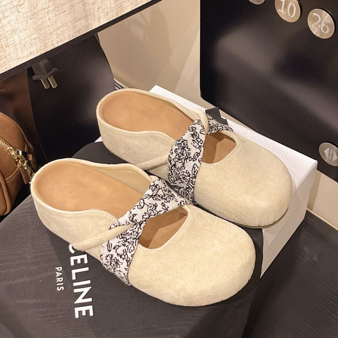 Damen Velours-Mules mit gepolstertem Fußbett und Zierkreuzriemen EB