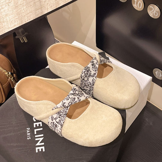 Damen Velours-Mules mit gepolstertem Fußbett und Zierkreuzriemen EB