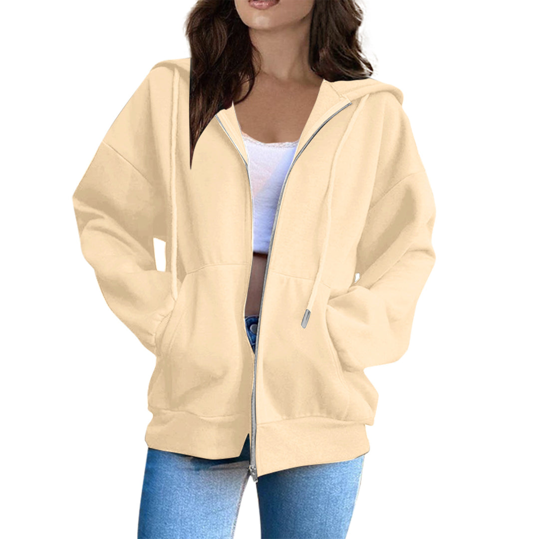 Damen nan lässige Kapuzenjacke mit durchgehendem Reißverschluss, Kängurutaschen und voluminösen Raglanärmeln EB