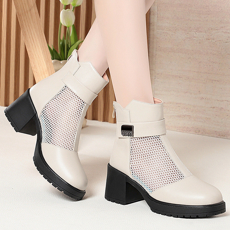 Damen Stylische Stiefeletten mit Netzdesign und robustem Blockabsatz EB