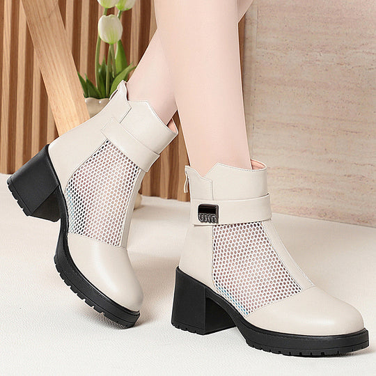 Damen Stylische Stiefeletten mit Netzdesign und robustem Blockabsatz EB