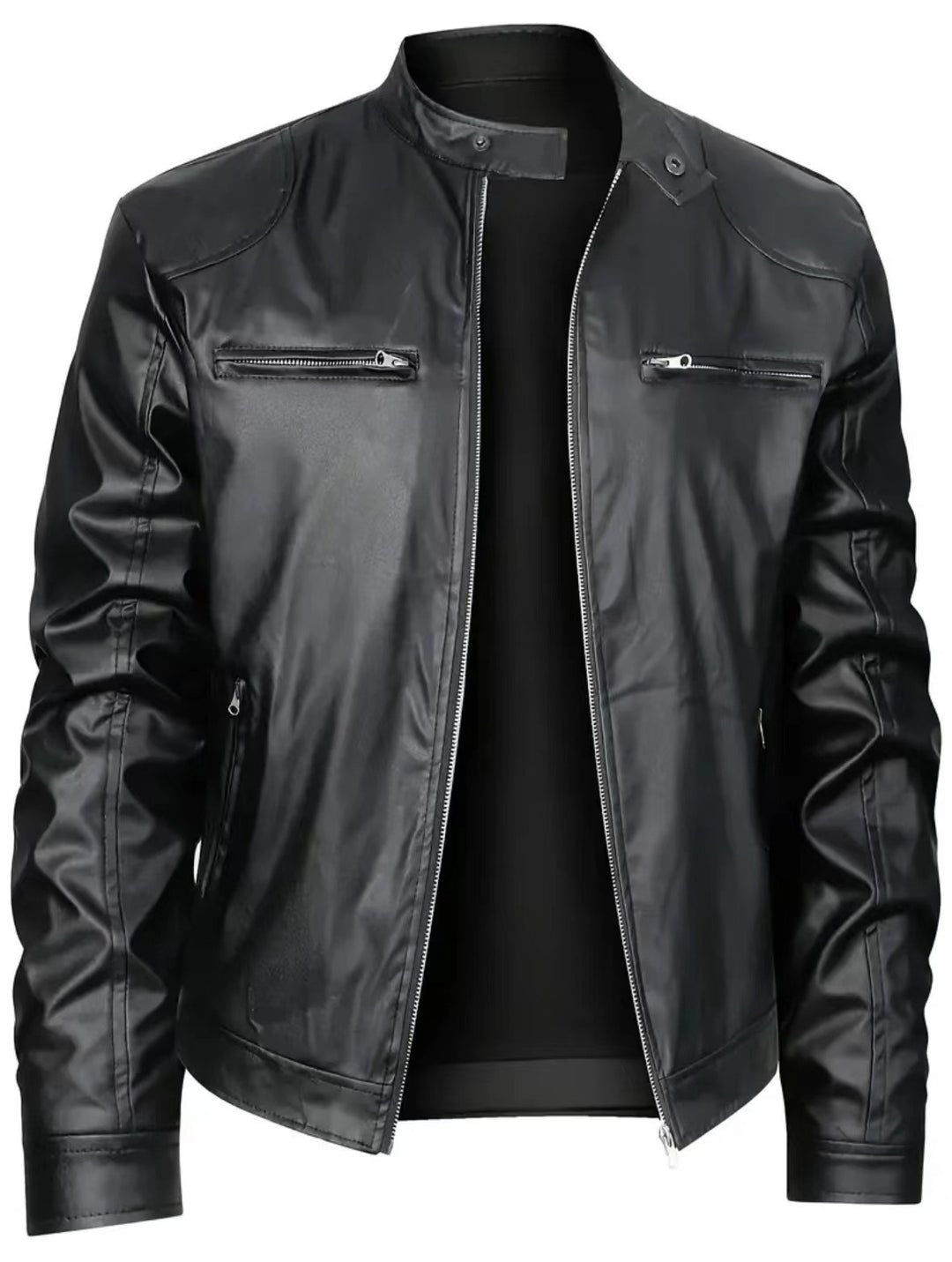 Herren nan schlanke Kunstleder-Bikerjacke mit Stehkragen, durchgehendem Reißverschluss und zwei Brusttaschen EB