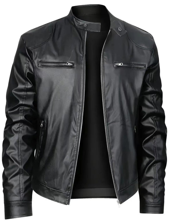Herren nan schlanke Kunstleder-Bikerjacke mit Stehkragen, durchgehendem Reißverschluss und zwei Brusttaschen EB