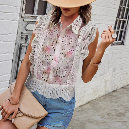 Damen elegante Bluse mit Cut-Out-Ärmeln und schickem Spitzenbesatz EB