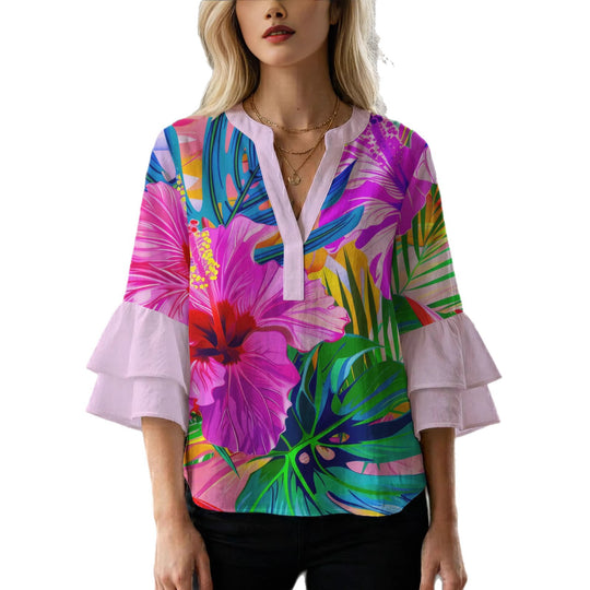 Damen Bluse mit voluminösen Rüschenärmeln und floralem Muster EB