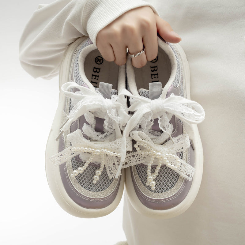 Damen Plattform Sneakers mit dekorativen Perlen und luftiger Mesh-Oberfläche EB