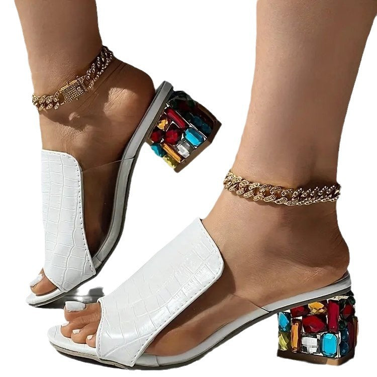 Damen Plateau-Pantolette mit modischem Riemendesign und buntem Blockabsatz EB