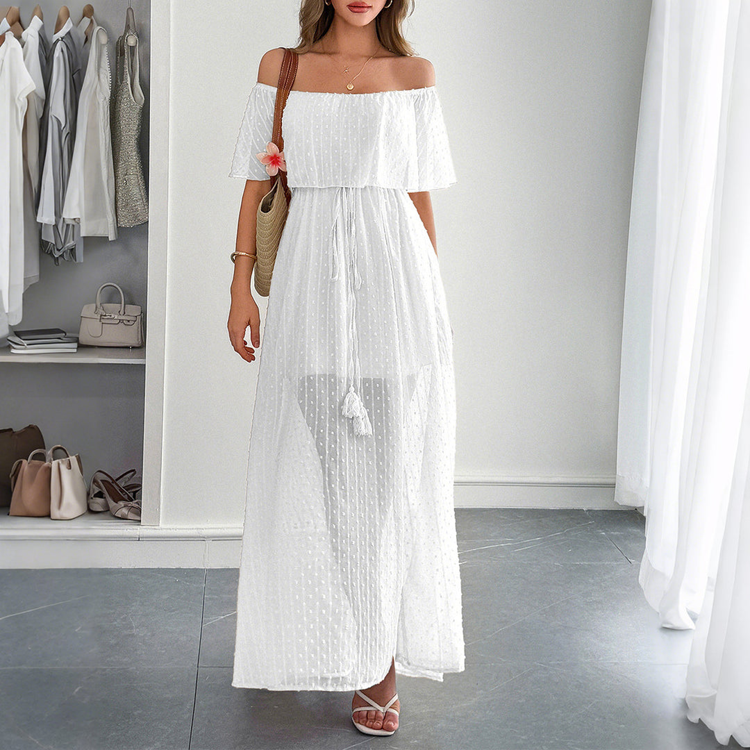 Damen Off-Shoulder Maxikleid mit feinem Punktedesign und Taillenbindung EB