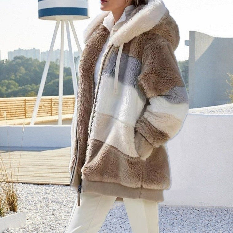 Damen nan Oversize Teddyfell-Kapuzenjacke mit Farbblock-Streifen, hochwertigem Reißverschluss und gerippten Bündchen EB
