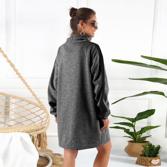 Damen lässiges Sweatshirtkleid mit hochgeschlossenem Kragen und seitlichen Einsätzen EB
