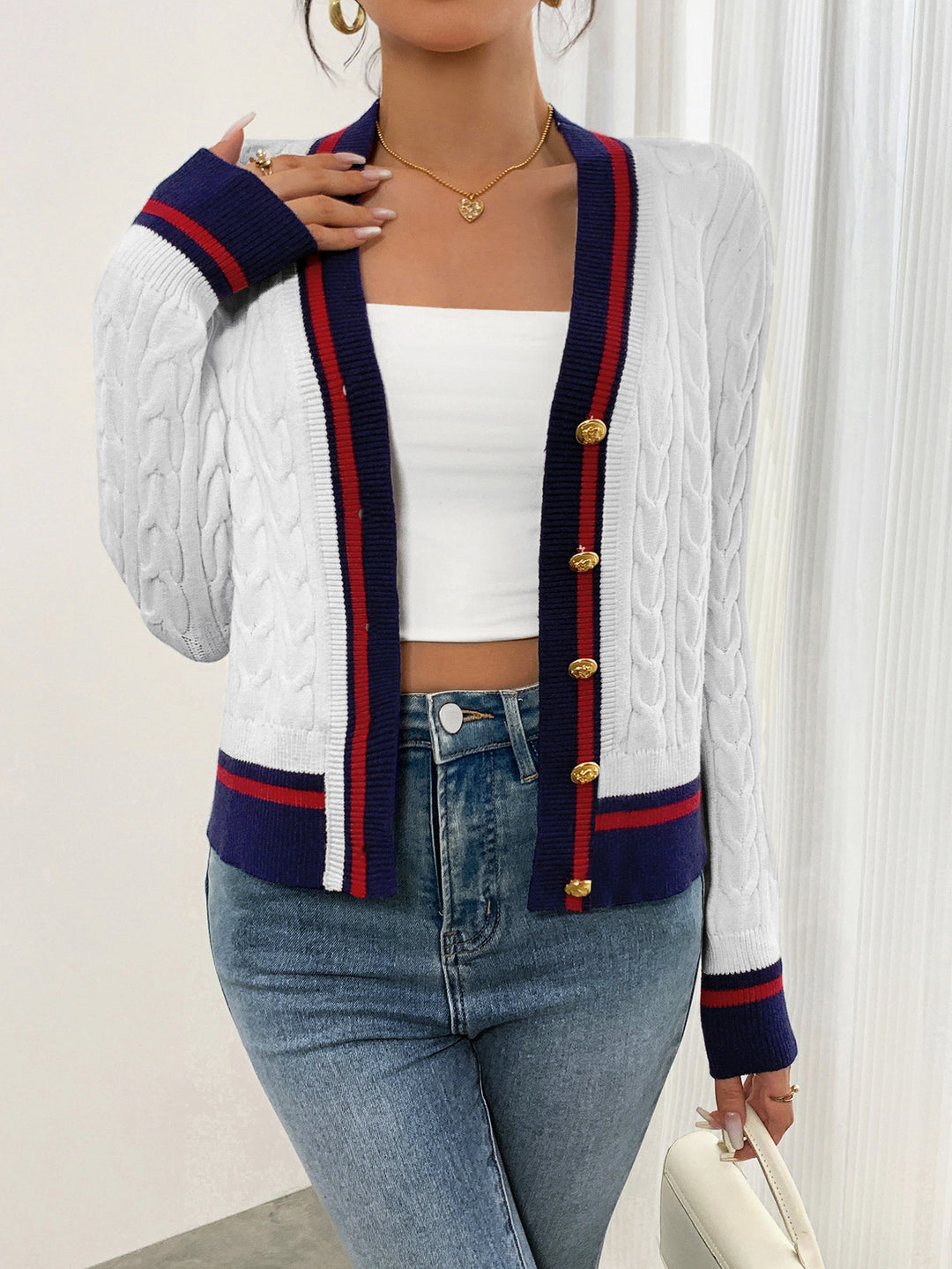Damen modischer Kabelstrick-Cardigan mit zweifarbigem Abschluss EB