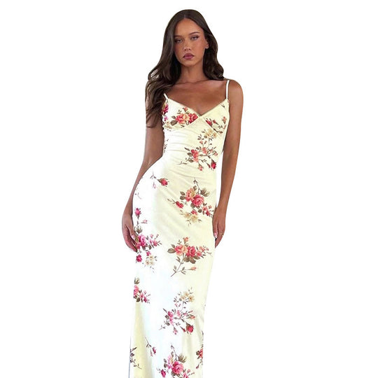 Damen elegantes Maxikleid mit zarten Rüschen und tiefem V-Ausschnitt EB