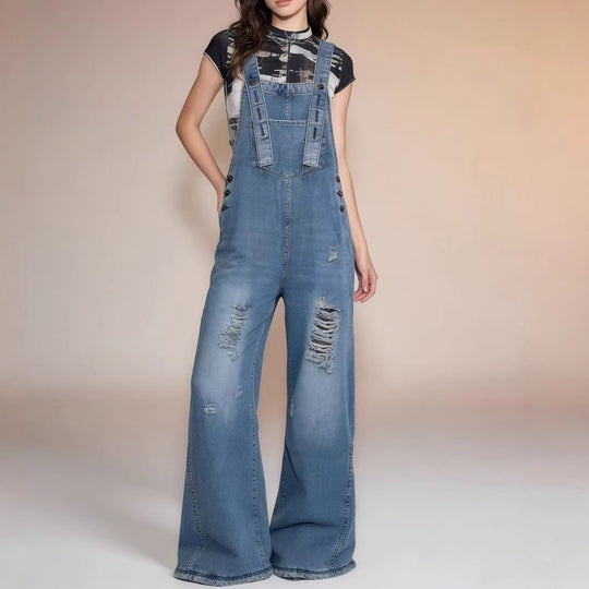 Damen nan moderne Baggy-Latzhose aus pigmentgefärbtem Stretch-Denim mit verstellbaren Trägern und sichtbaren Rissen EB