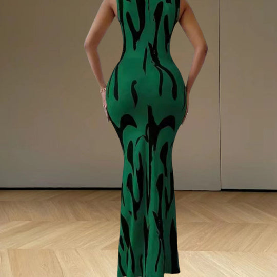 Damen elegantes Maxikleid mit figurbetontem Schnitt und trendigem Muster EB