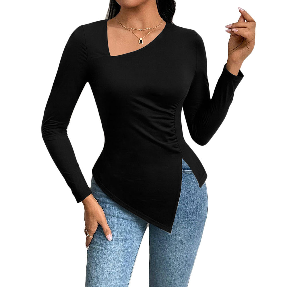 Damen asymmetrisches Langarm-Shirt mit diagonalem Cut-Out, taillierter Seitenraffung und spitz zulaufendem Zipfel-Saum Eichborn Berlin
