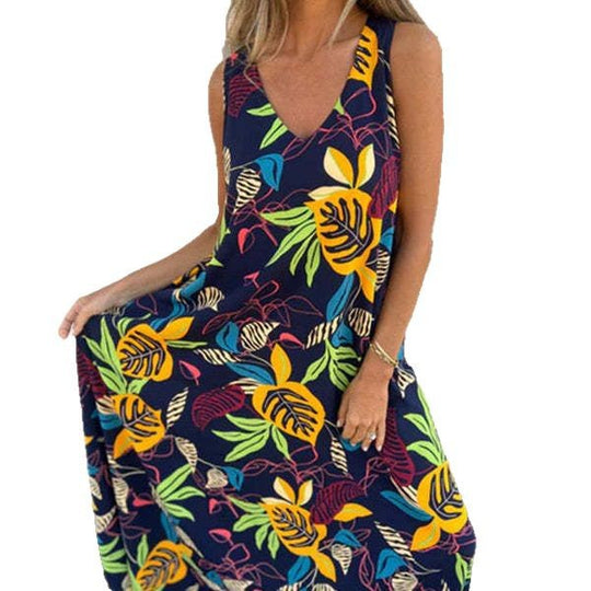 Damen luftiges Maxikleid mit floralem Muster und praktischen Taschen EB