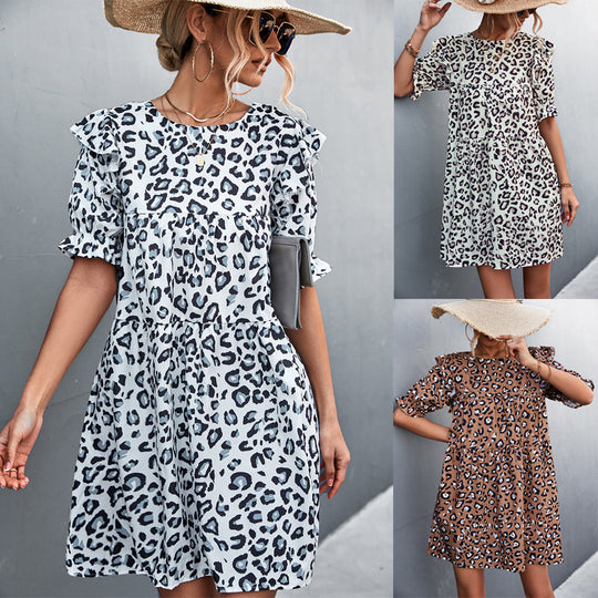 Damen Freizeitkleid mit verspieltem Leopardenmuster und Rüschendetails EB