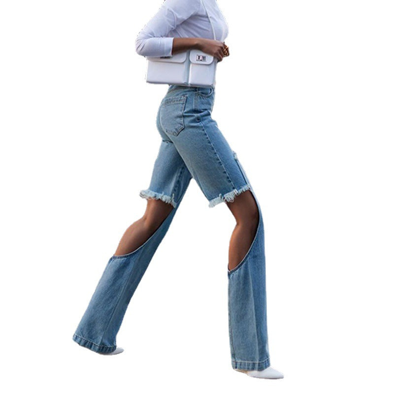 Damen modische Cargo-Jeans mit hohem Schlitz und fransigen Details EB