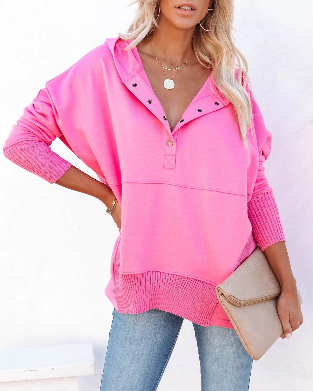 Damen lässiger Pullover mit Knopfleiste und Kapuze EB