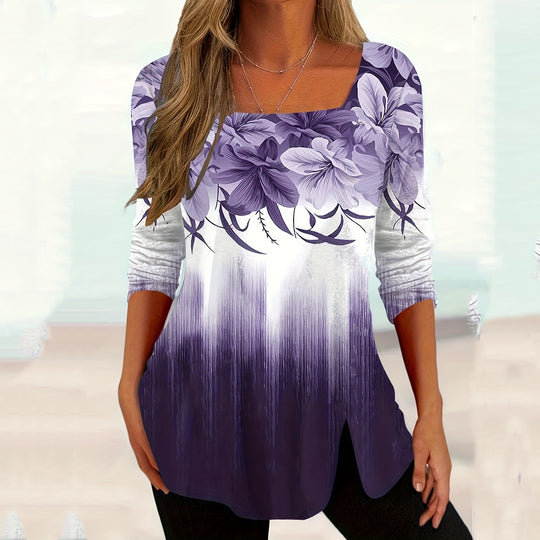 Damen Floral Druck Langarmtop mit Rundhalsausschnitt und seitlichem Schlitz EB