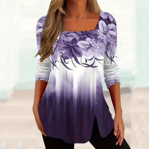 Damen Floral Druck Langarmtop mit Rundhalsausschnitt und seitlichem Schlitz EB