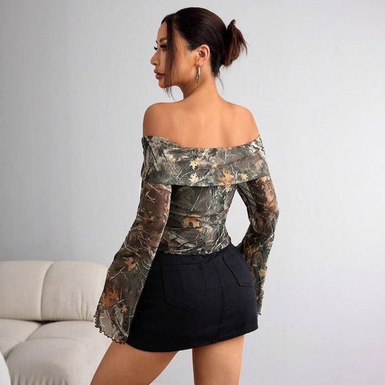 Damen nan schulterfreies Langarm-Top mit Camouflage-Blattmuster und ausgestellten Ärmeln EB