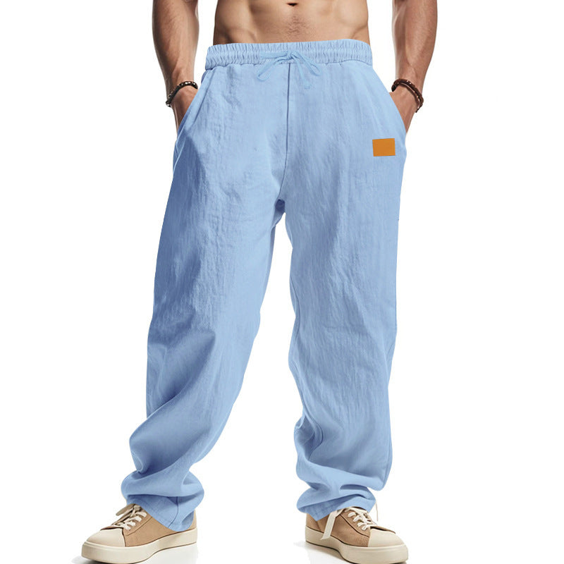 Herren nan lässige Leinenoptik-Loungehose mit elastischem Tunnelzug, Kordelzug und weitem Bein EB