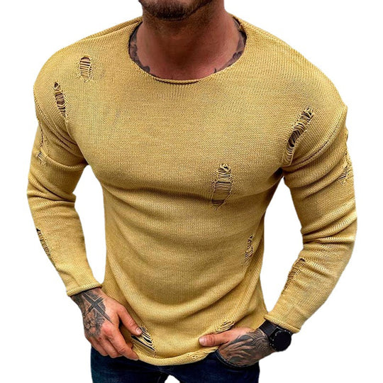 Herren Stylischer Rundhals Pullover mit ausgefransten Details EB