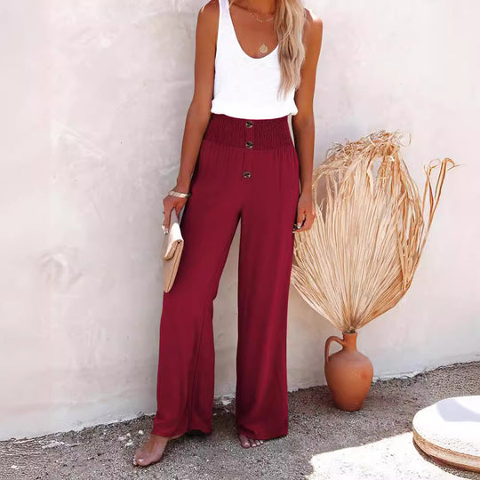 Damen weite Palazzo-Hose mit Knopfdetails und elastischem Bund EB