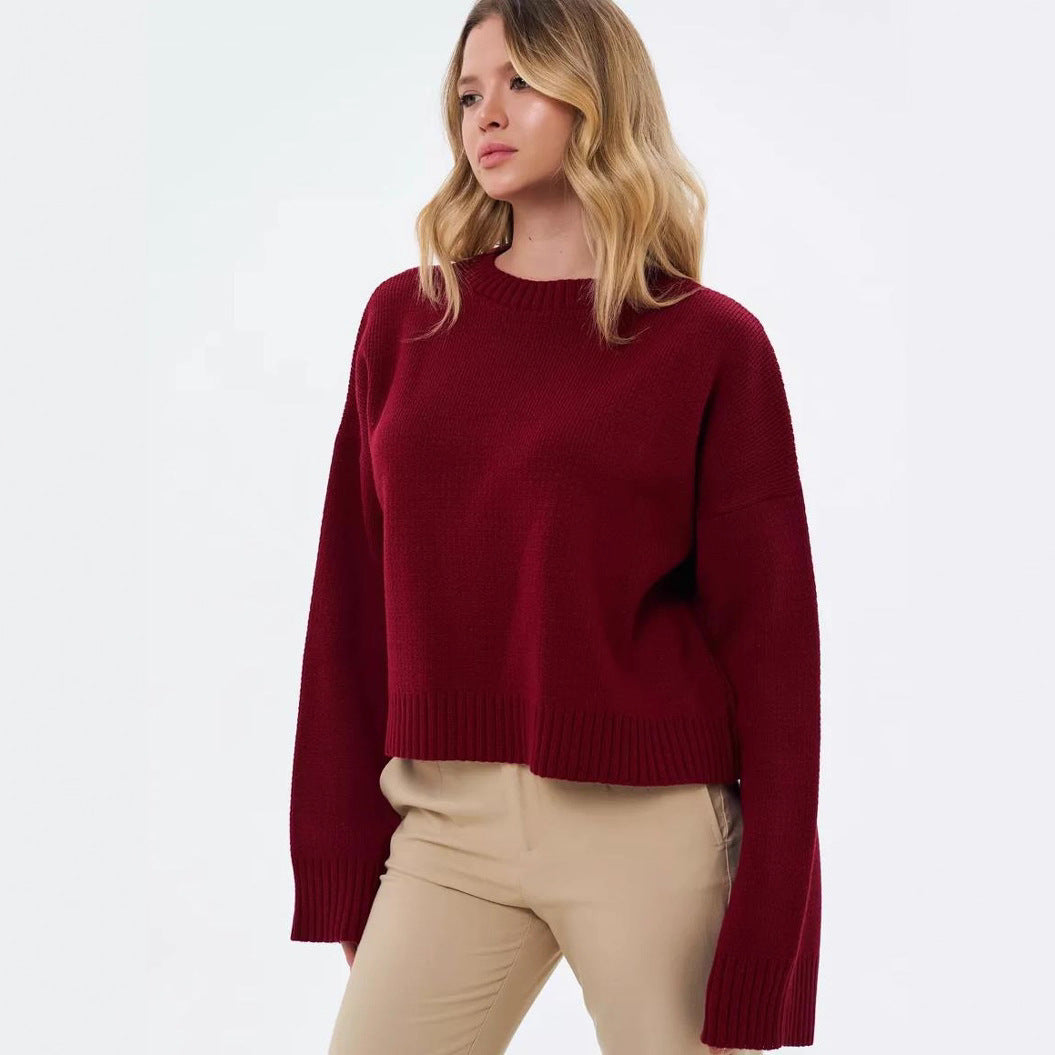 Damen gemütlicher Cropped-Pullover mit lässigen Ballonärmel und Rippstruktur EB