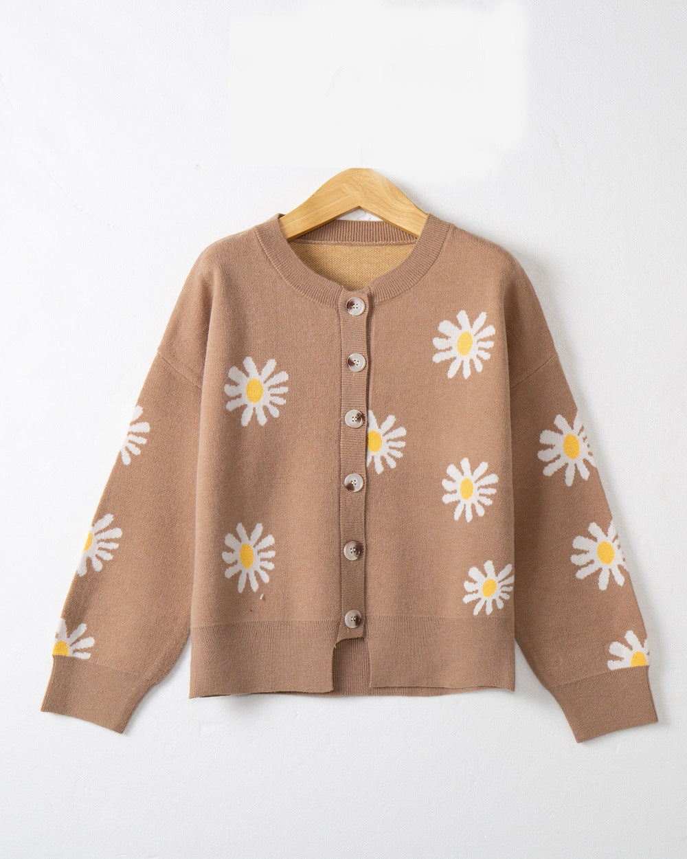 Damen modische Strickjacke mit floralem Muster und kurzen Ärmeln EB