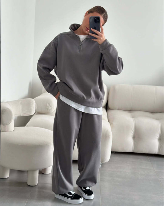 Damen nan Oversize Halbzip-Pullover mit Stehkragen und weitem Lounge-Hose-Set EB