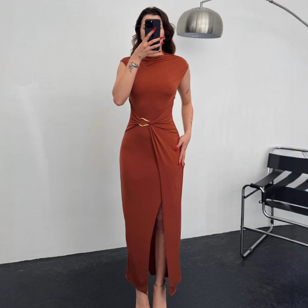 Damen Elegantes Wickelkleid mit seitlichem Schlitz und Gürtel EB