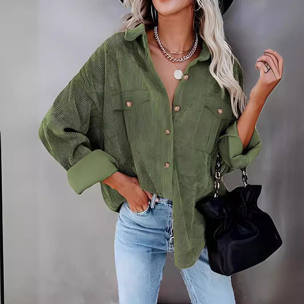 Damen lässige Kordjacke mit Knopfverschlüssen und Taschen EB
