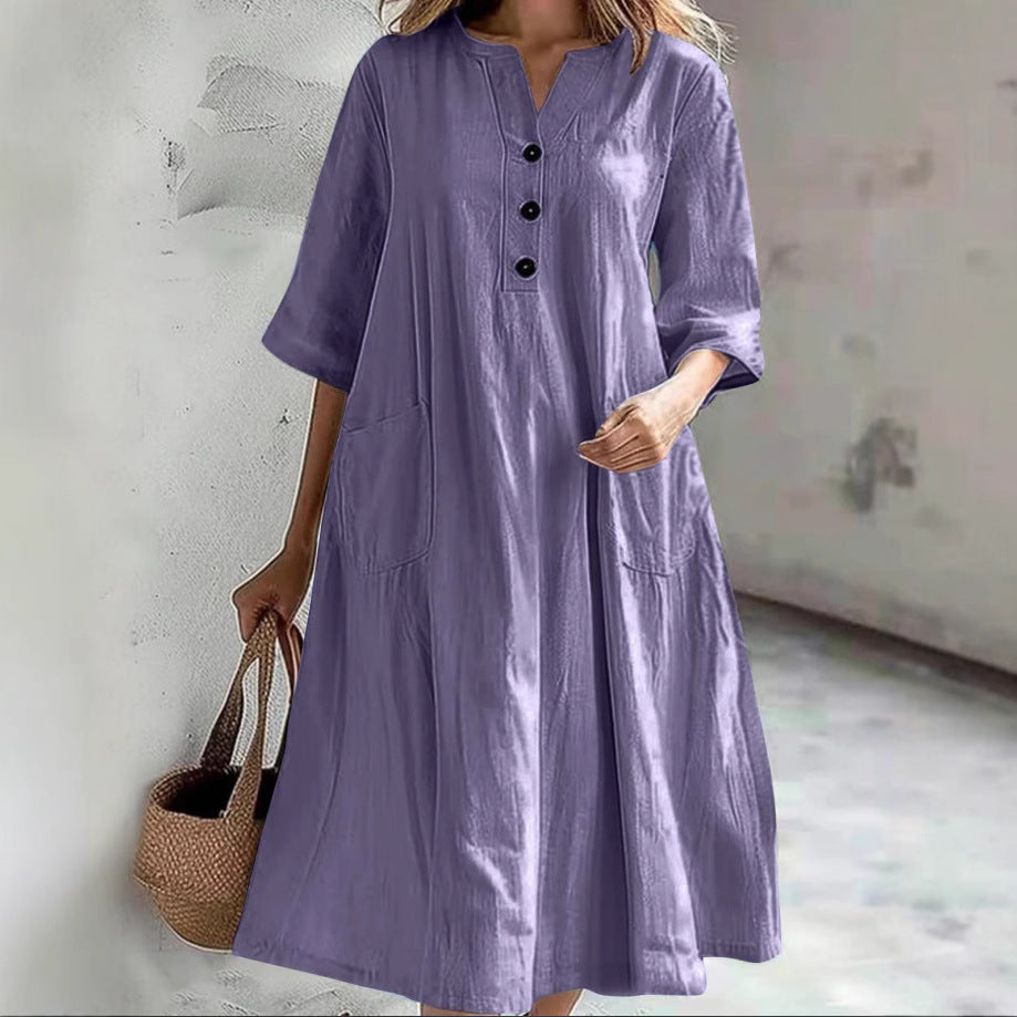 Damen nan locker fallendes A-Linien Kleid mit V-Ausschnitt-Knopfleiste, 3/4-Ärmeln und aufgesetzten Eingrifftaschen EB