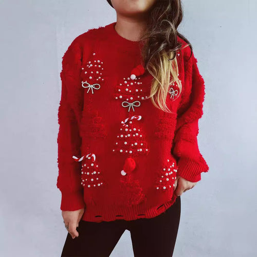 Damen festlicher Pullover mit kreativen Weihnachtsmotiven und strukturiertem Design EB