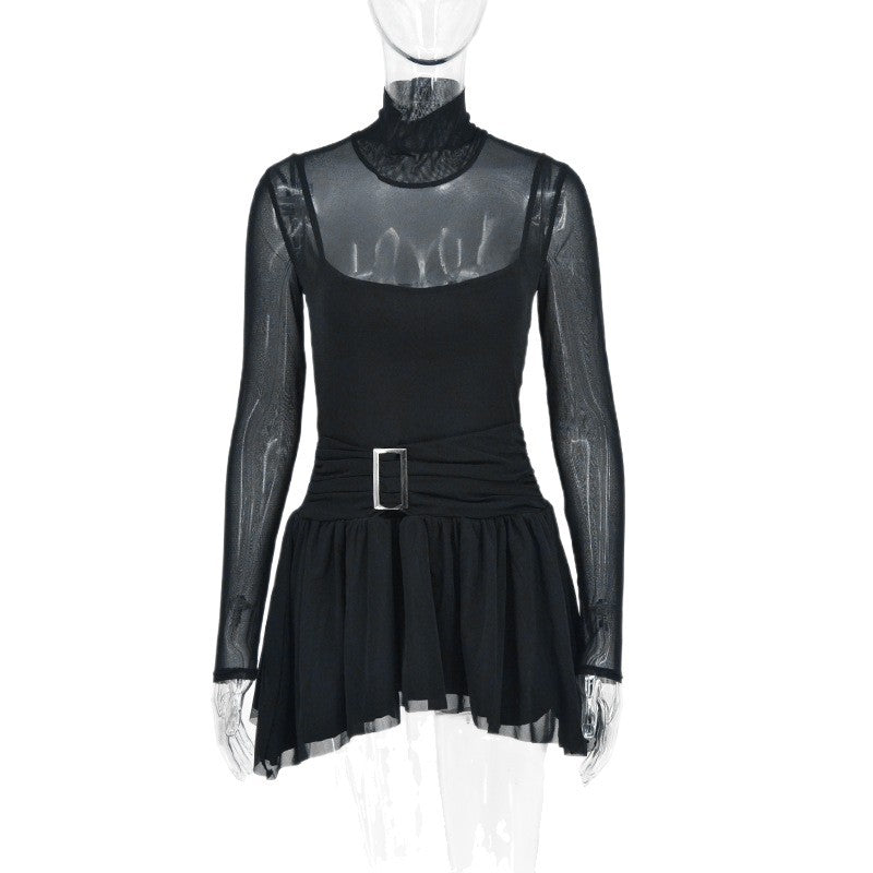 Damen Mini-Raffkleid mit transparenten Ärmeln und tailliertem Design EB