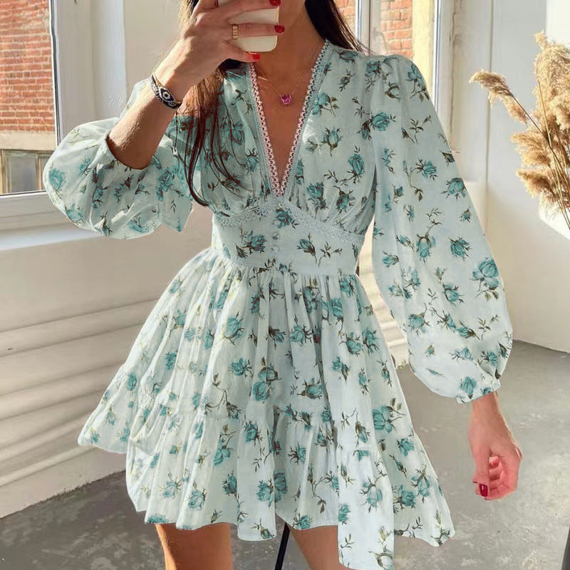 Damen Boho-florales Minikleid mit V-Ausschnitt und Puffärmeln EB