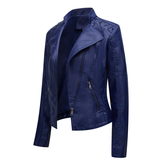 Damen nan taillierte Kunstleder-Bikerjacke mit gesteppter Schulterpartie, asymmetrischem Reißverschluss und Zierösen EB