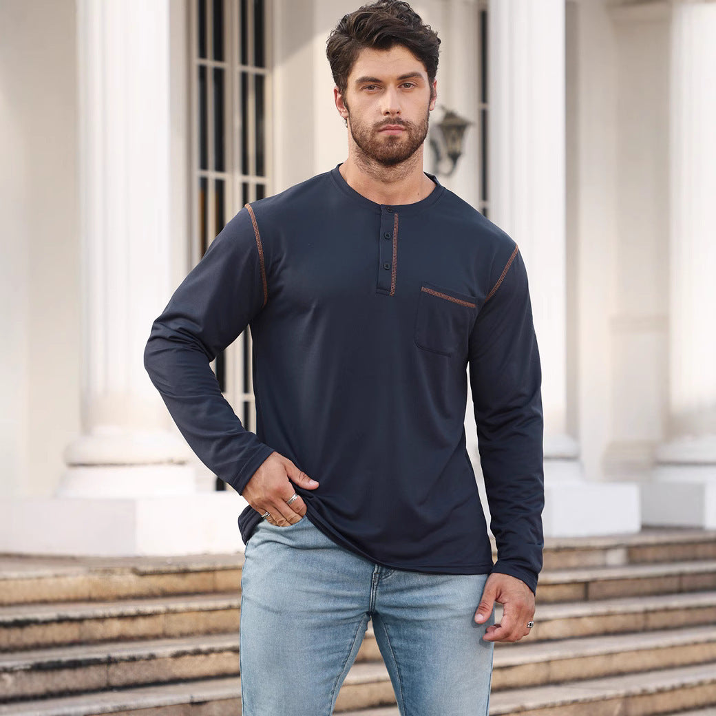Herren nan Langarmshirt mit kurzer Knopfleiste Brusttasche und kontrastierenden Ziernähten EB