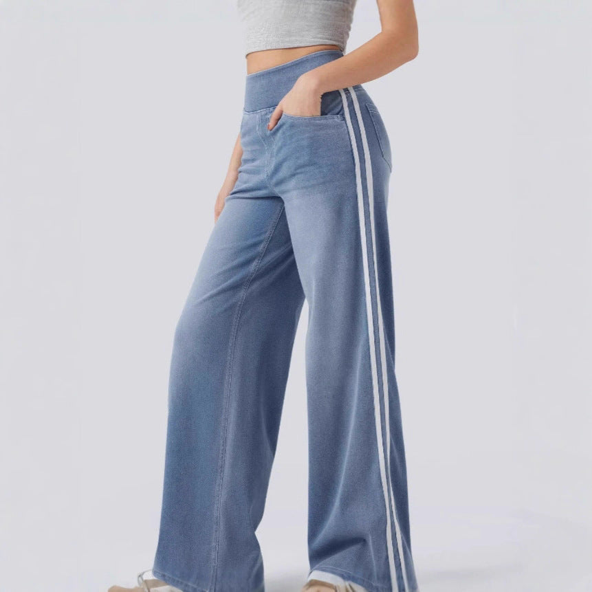 Damen weite Denim-Hose mit seitlichem Streifen und hohem Bund EB