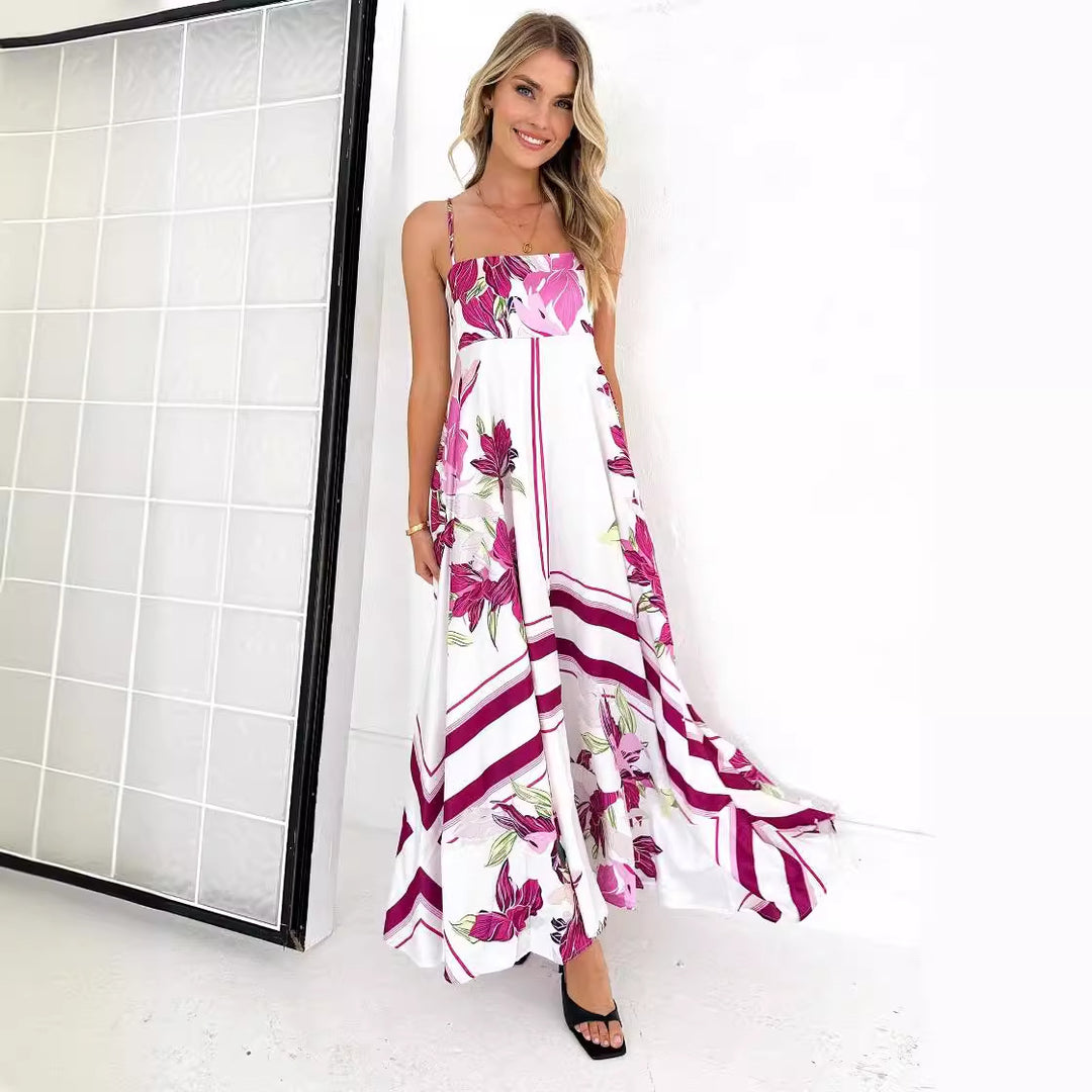Damen Maxikleid mit modernen grafischen Mustern und dünnen Trägern EB