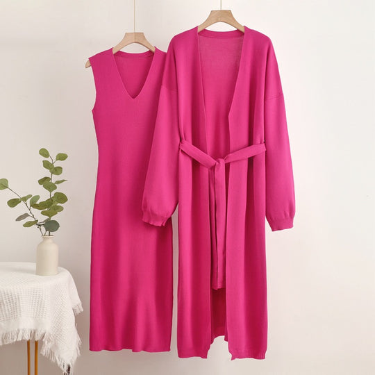 Damen 2-teiliges Kleid und Cardigan-Set mit V-Ausschnitt EB