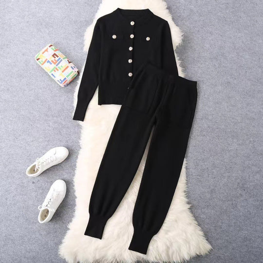 Damen elegantes Strickanzug-Set mit Knopfdétails EB