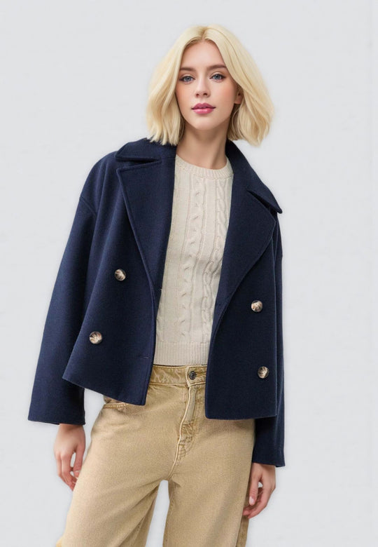 Damen nan kurzes doppeltreihiges Wollmix-Manteljacke im Boxy-Cut mit weitem Reverskragen EB
