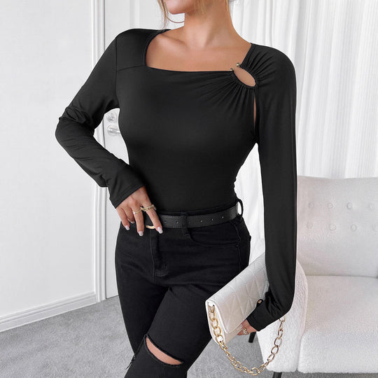 Damen Longsleeve Oberteil mit asymmetrischem Ausschnitt und dekorativen Knöpfen EB