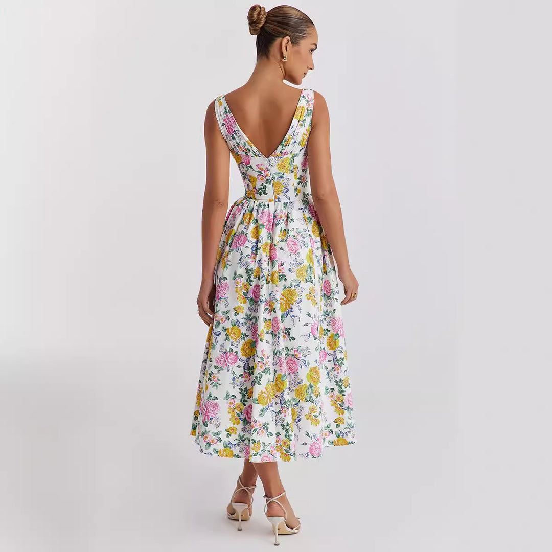 Damen Midikleid mit floralen Akzenten und tailliertem Oberteil EB