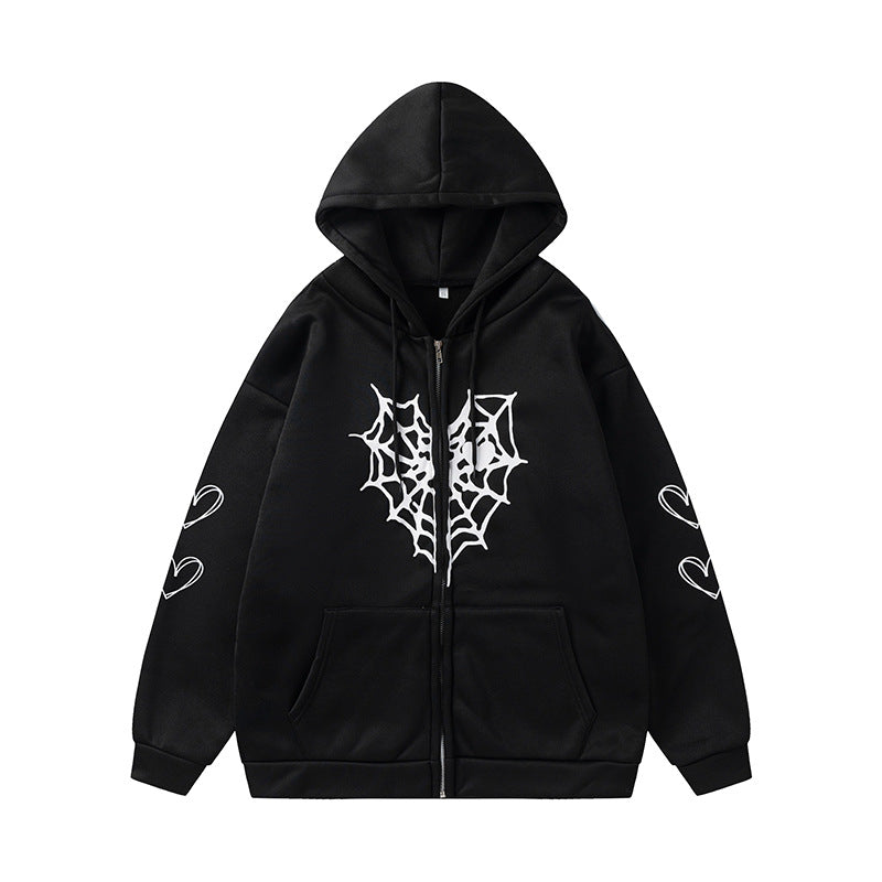 Damen Kapuzenjacke mit auffälligem Spinnenmotiv und praktischen Taschen EB