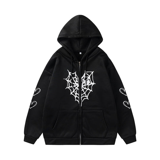 Damen Kapuzenjacke mit auffälligem Spinnenmotiv und praktischen Taschen EB